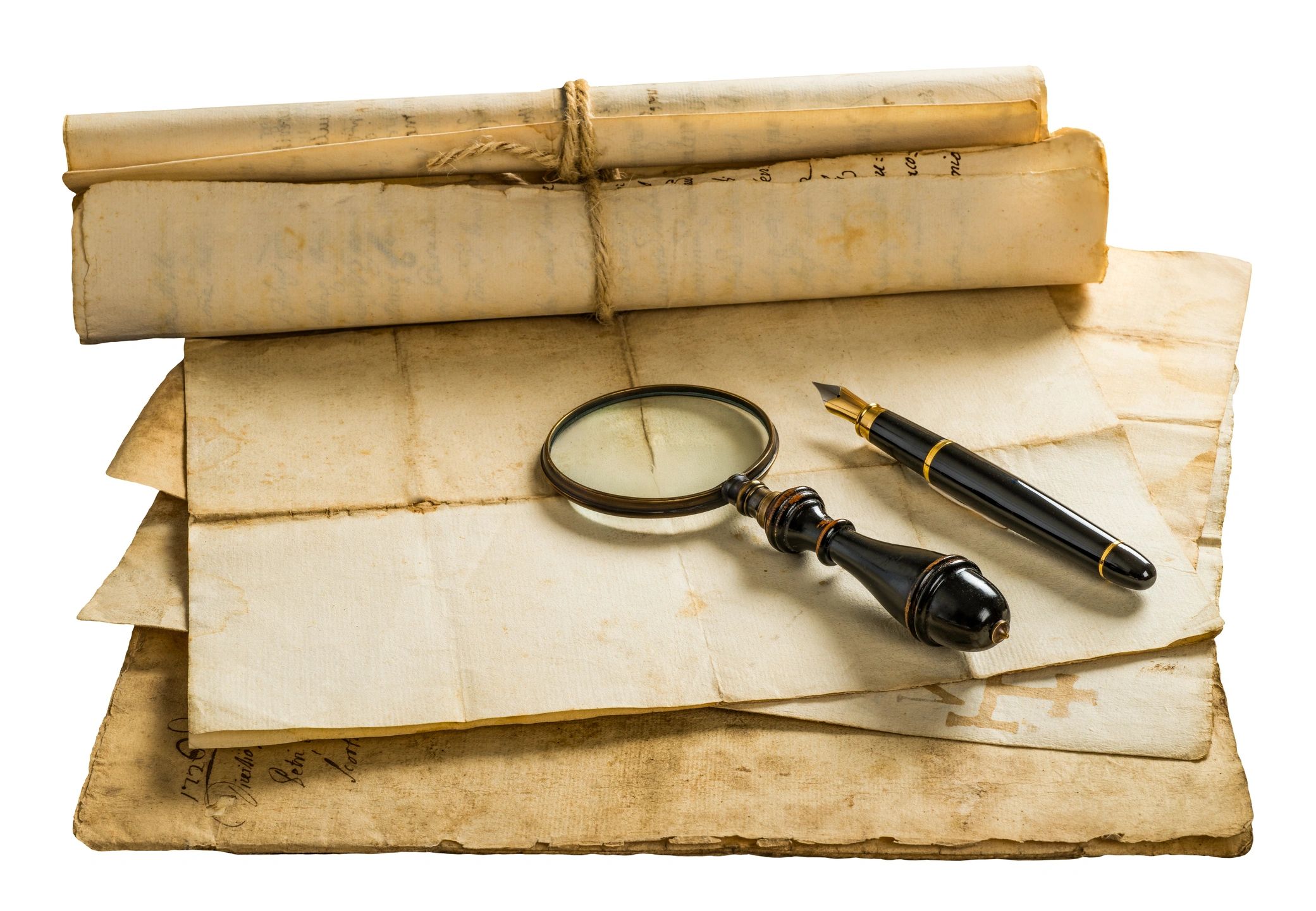 Historical writing tools and old sheets suggesting interpretation and material culture